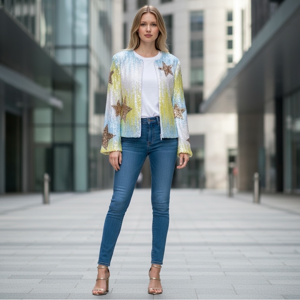 NEW Blue b Light Pink Yellow Pastel Ombre Allover Sequin Gold Star Jacket S